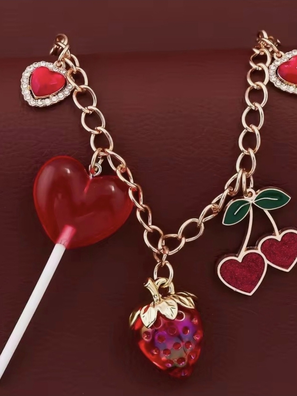 Heart & Cherry Bag Charm in Red and Gold